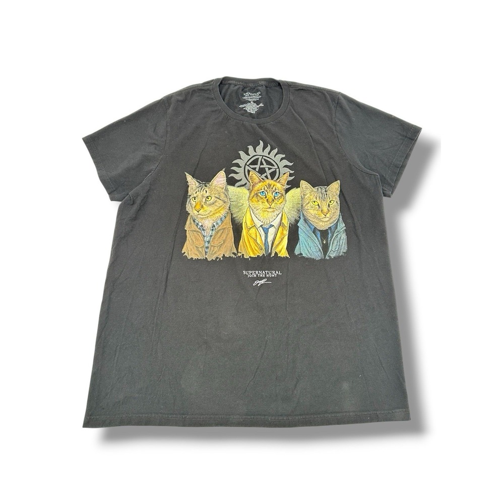 Supernatural Cat Join The Hunt Sam Dean Castiel Parody Graphic Tee XL Black